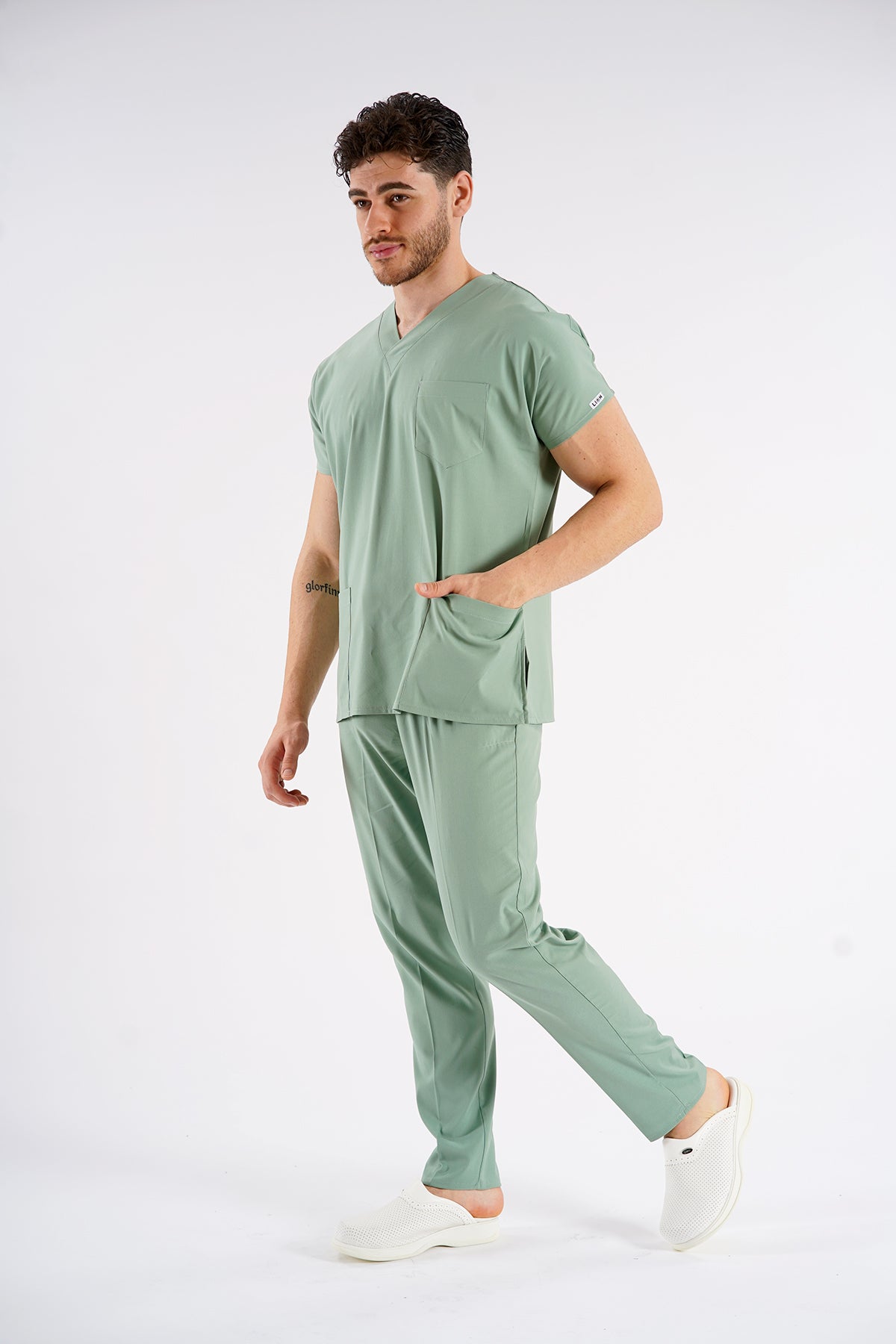 Küf Yeşili Dr. Greys Modeli Likralı Hemşire Forması Unisex Yarasa Kol Doktor Scrubs Hastane Takımı
