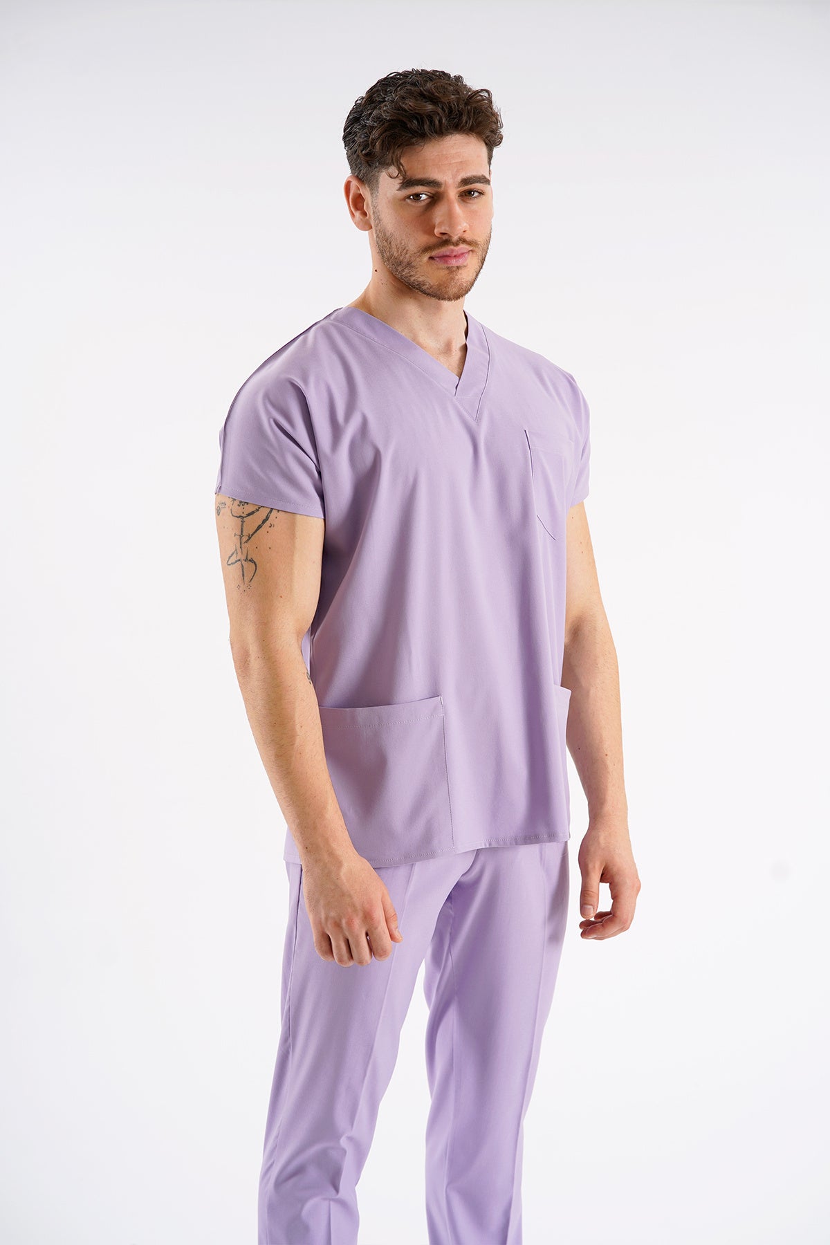 Lila Dr. Greys Modeli Likralı Hemşire Forması Unisex Yarasa Kol Doktor Scrubs Hastane Takımı