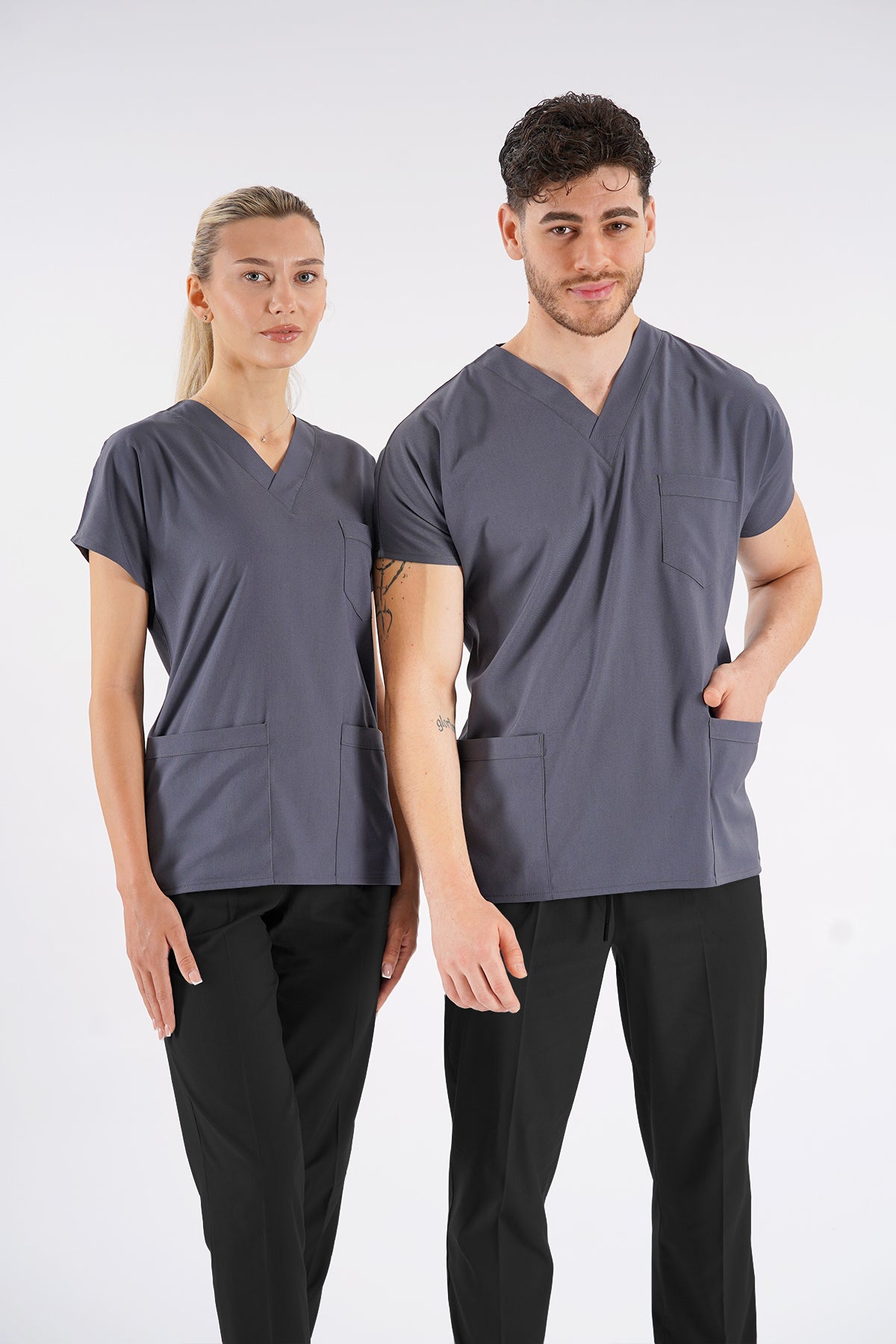 Füme Dr.Greys Modeli Likralı Hemşire Doktor Forması Scrubs Tek Üst Unisex Yarasa Kol