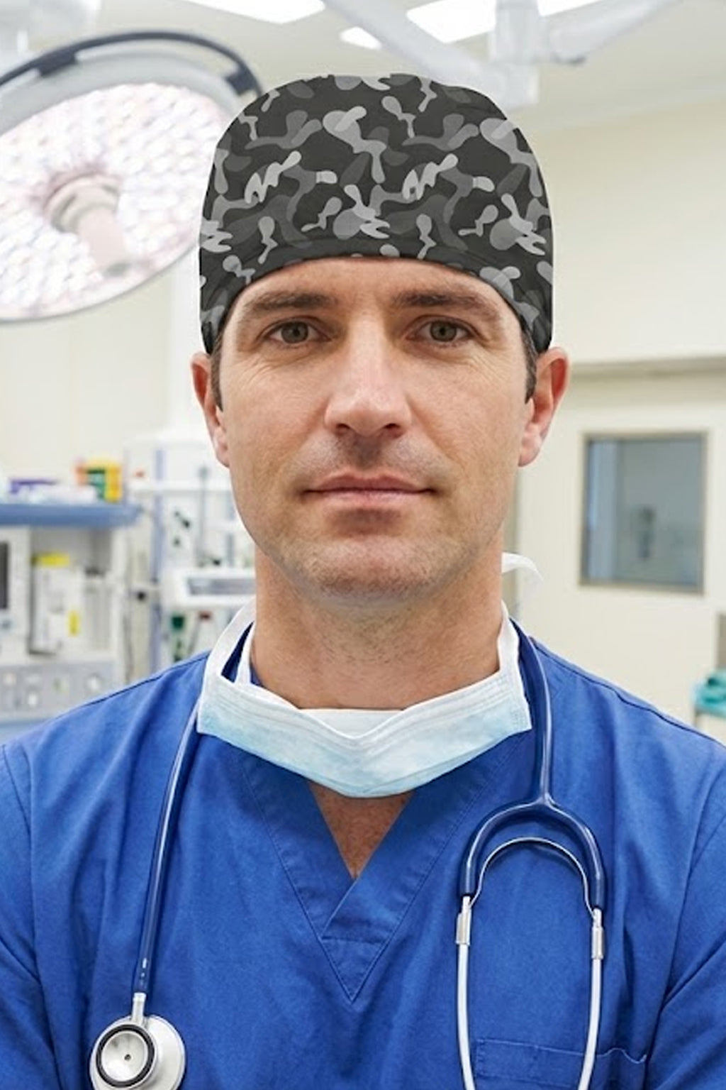 Siyah Kamuflaj Desenli Cerrahi Bone Unisex – Likralı Doktor Hemşire Bonesi - Siyah Kamuflaj