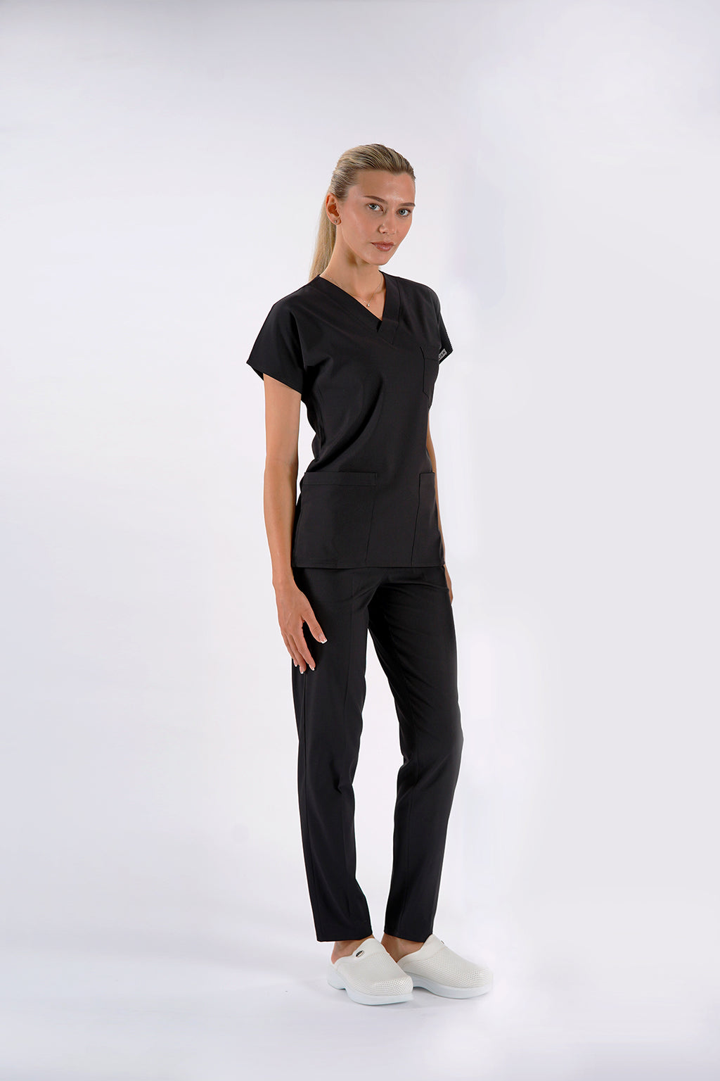 Siyah Dr. Greys Modeli Likralı Hemşire Forması Unisex Yarasa Kol Doktor Scrubs Hastane Takımı