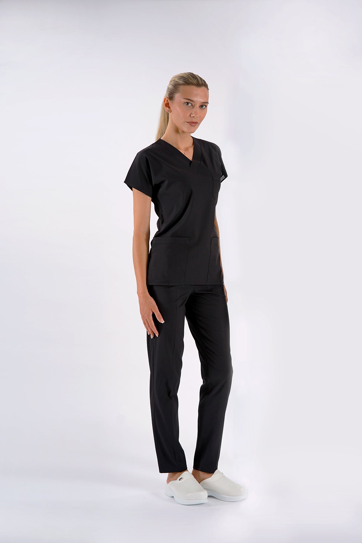 Siyah Dr. Greys Modeli Likralı Hemşire Forması Unisex Yarasa Kol Doktor Scrubs Hastane Takımı