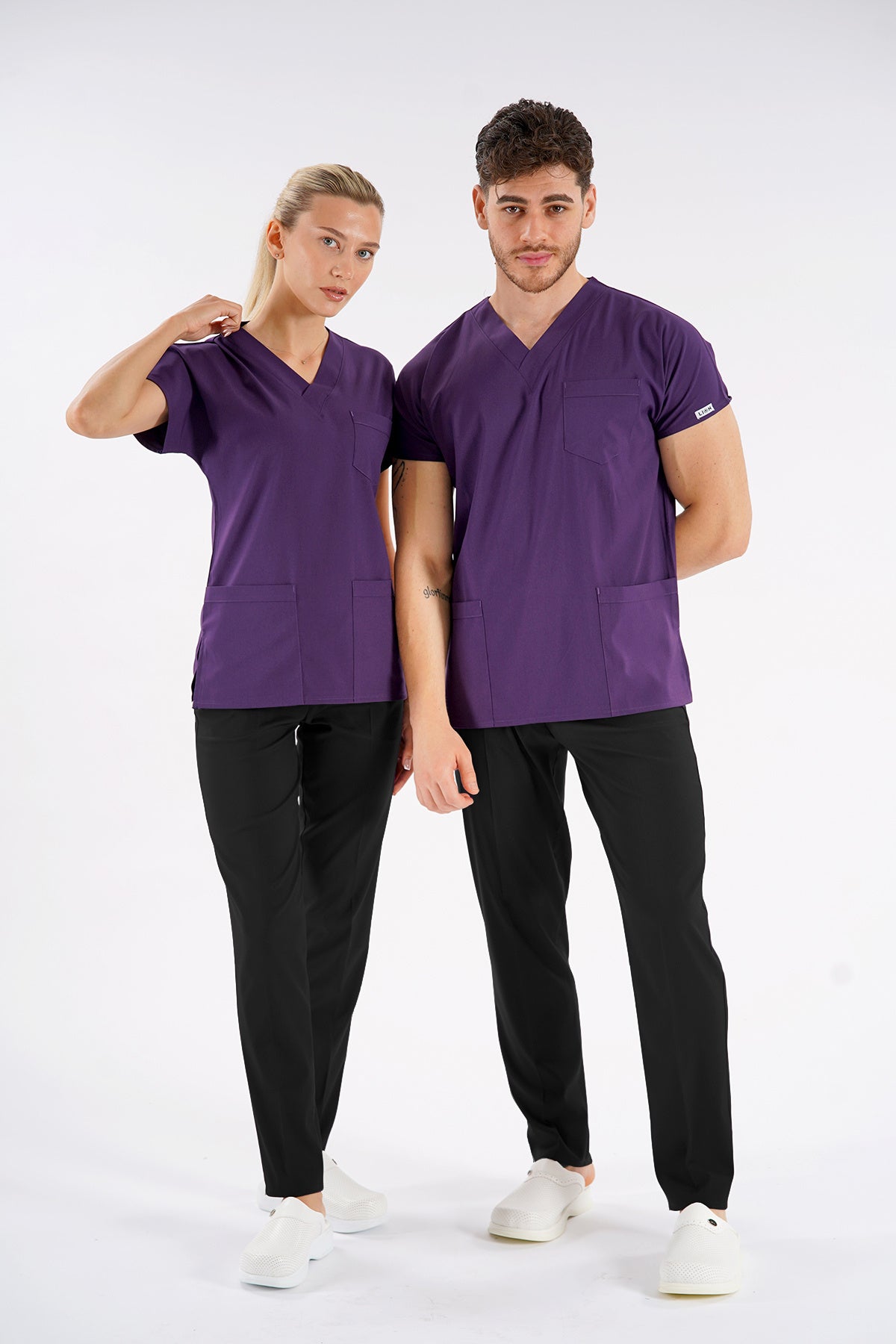 Mor Dr.Greys Modeli Likralı Hemşire Doktor Forması Scrubs Tek Üst Unisex Yarasa Kol