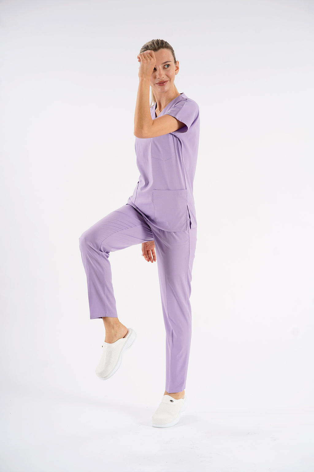Lila Dr. Greys Modeli Likralı Hemşire Forması Unisex Yarasa Kol Doktor Scrubs Hastane Takımı