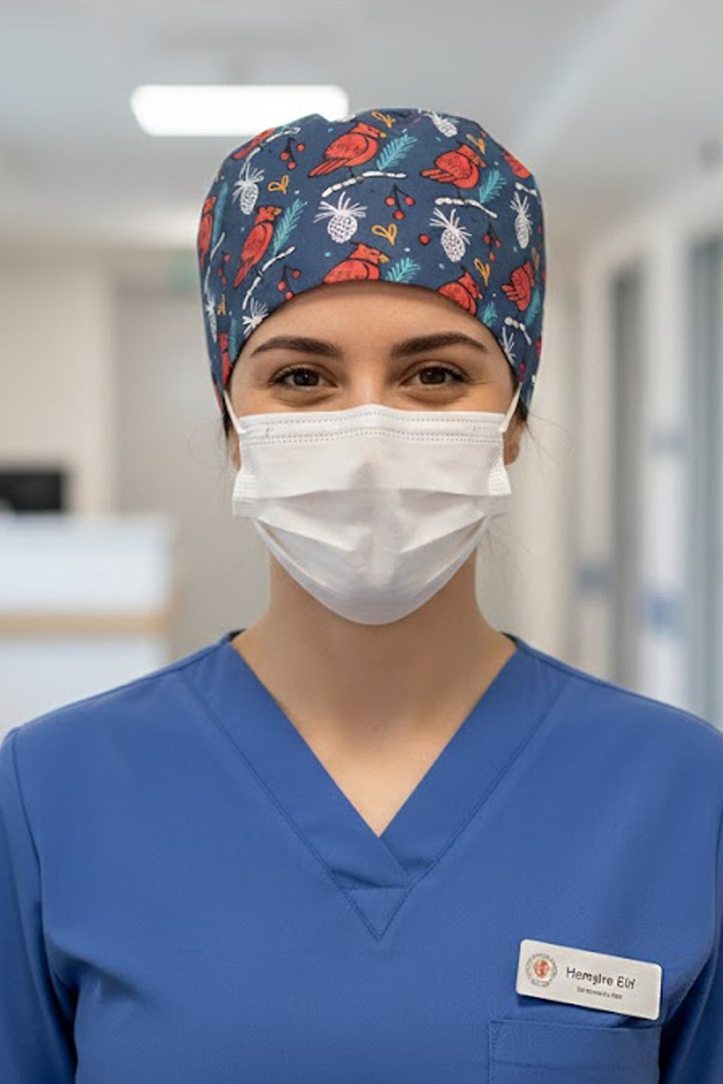 Kuş Winter Desenli Cerrahi Bone Unisex – Likralı Doktor Hemşire Bonesi - Kuş Winter