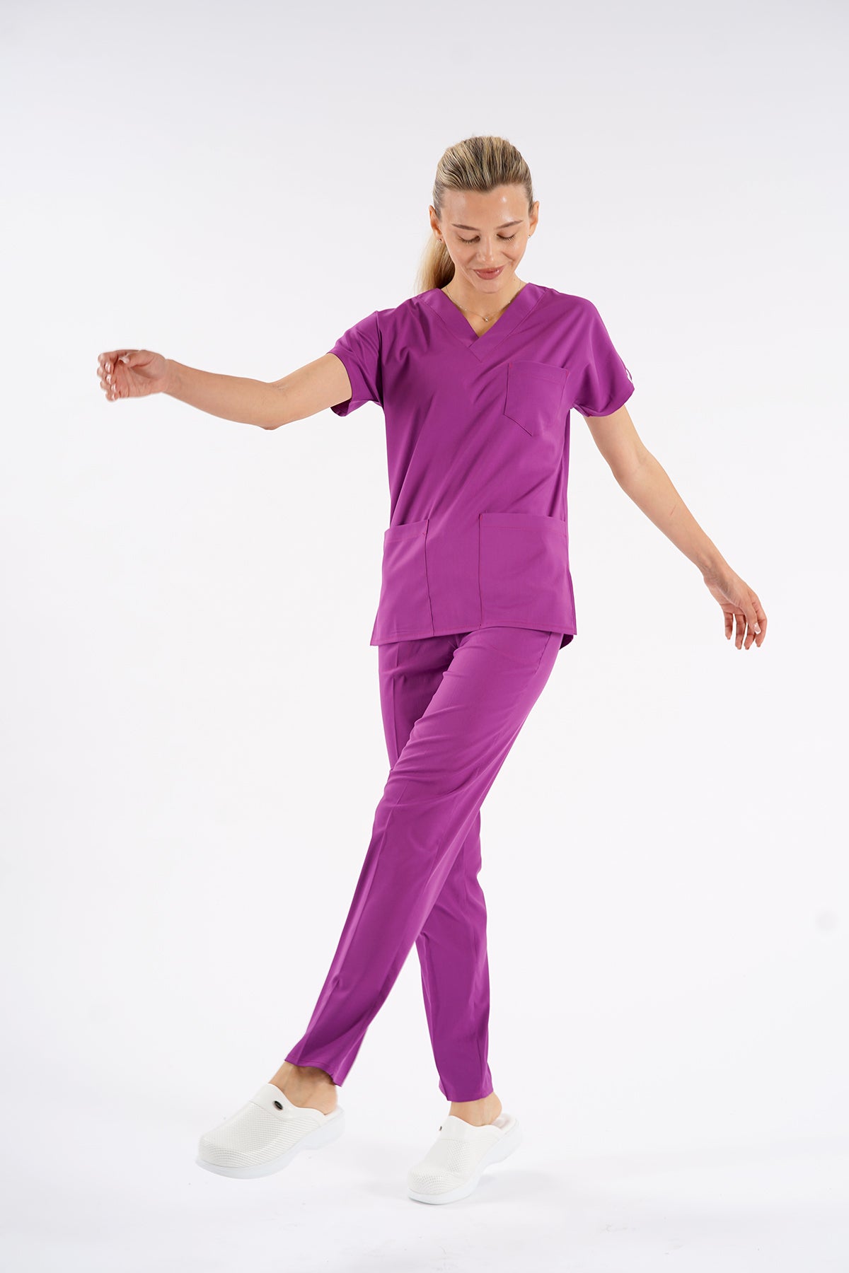 Menekşe Dr. Greys Modeli Likralı Hemşire Forması Unisex Yarasa Kol Doktor Scrubs Hastane Takımı