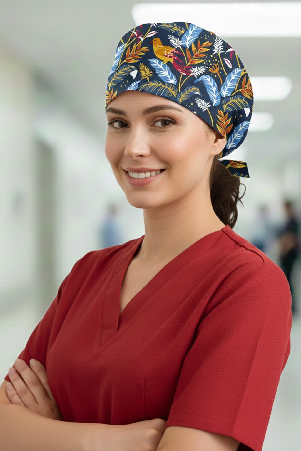 Kuş Lacivert Desenli Cerrahi Bone Unisex – Likralı Doktor Hemşire Bonesi - Kuş Lacivert