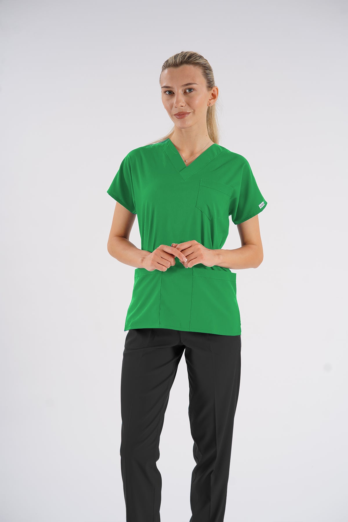 Çimen Yeşili Dr.Greys Modeli Soft Likralı Hemşire Doktor Forması Scrubs Tek Üst Unisex Yarasa Kol