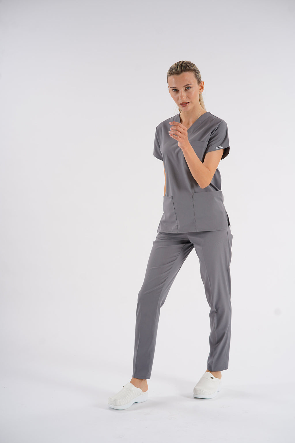 Gri Dr. Greys Modeli Likralı Hemşire Forması Unisex Yarasa Kol Doktor Scrubs Hastane Takımı