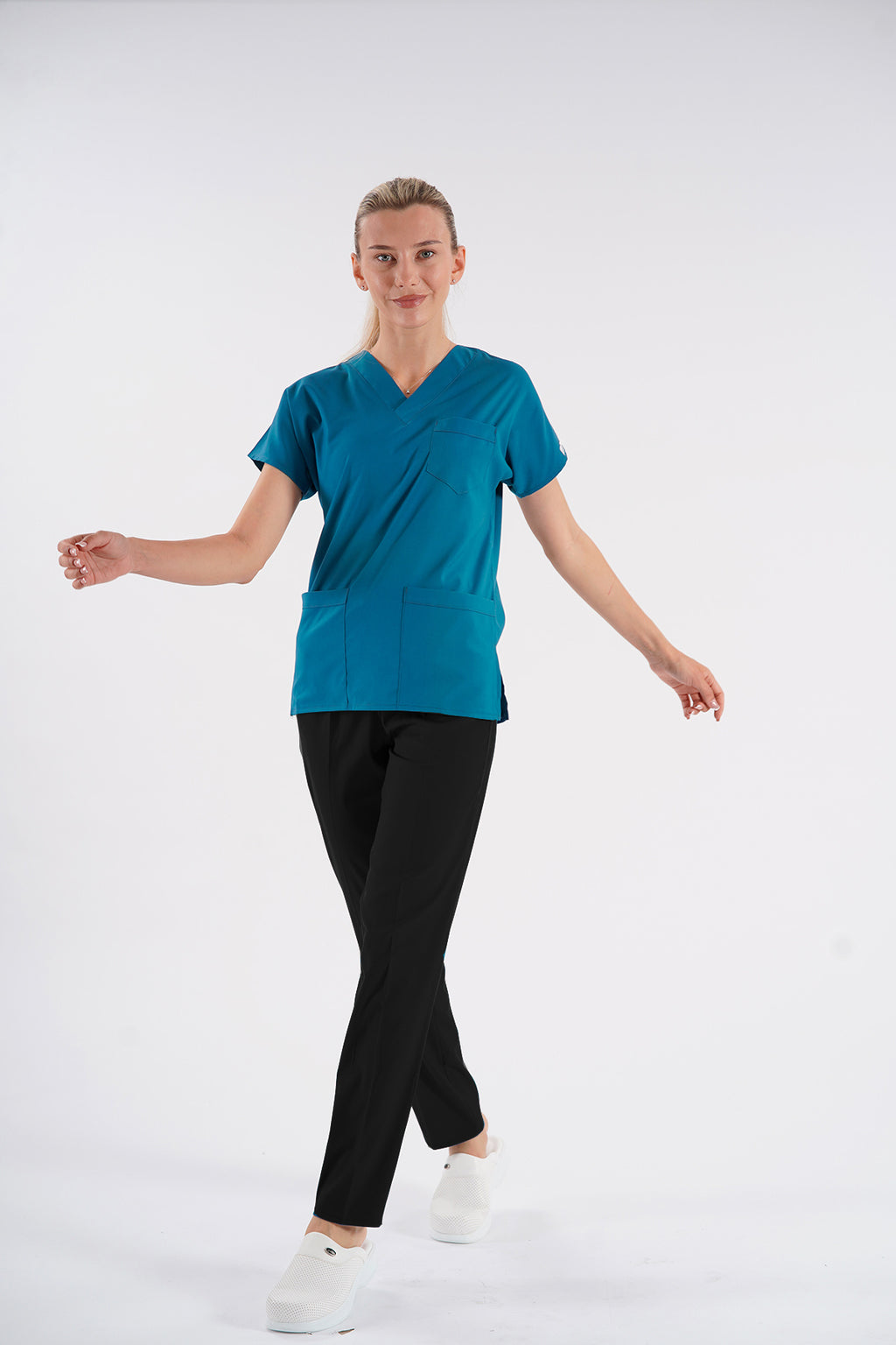 Açık Petrol Yeşili Dr.Greys Modeli Likralı Hemşire Doktor Forması Scrubs Tek Üst Unisex