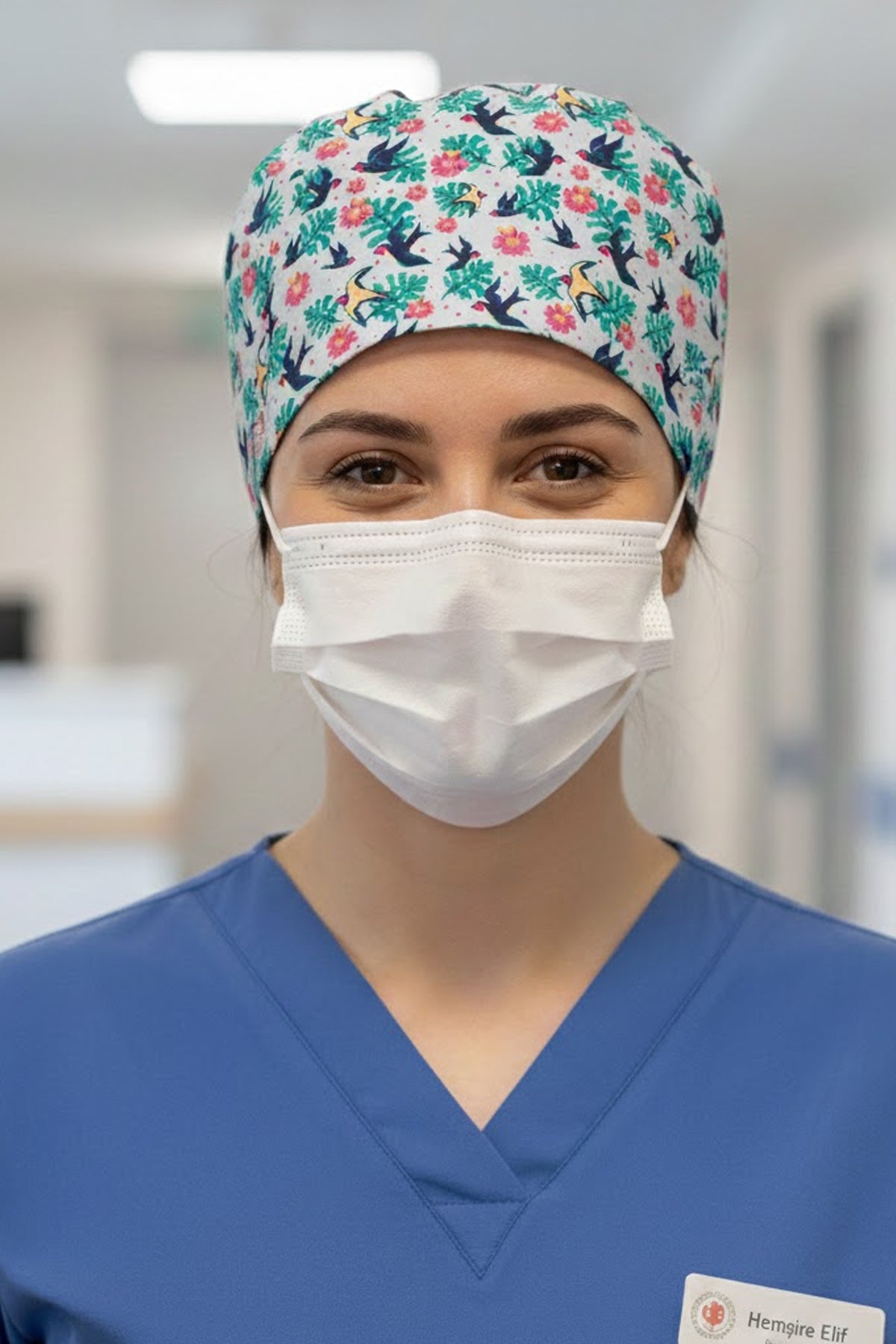 Sade Kuş Desenli Cerrahi Bone Unisex – Likralı Doktor Hemşire Bonesi - Sade Kuş