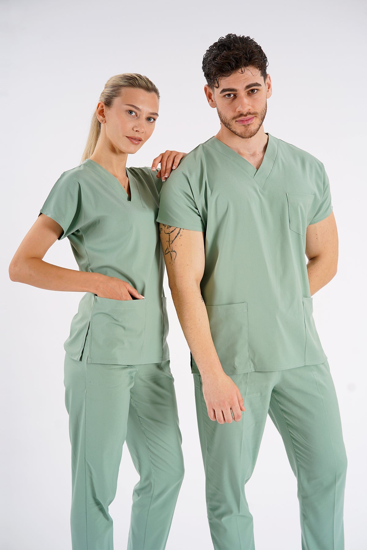 Küf Yeşili Dr. Greys Modeli Likralı Hemşire Forması Unisex Yarasa Kol Doktor Scrubs Hastane Takımı