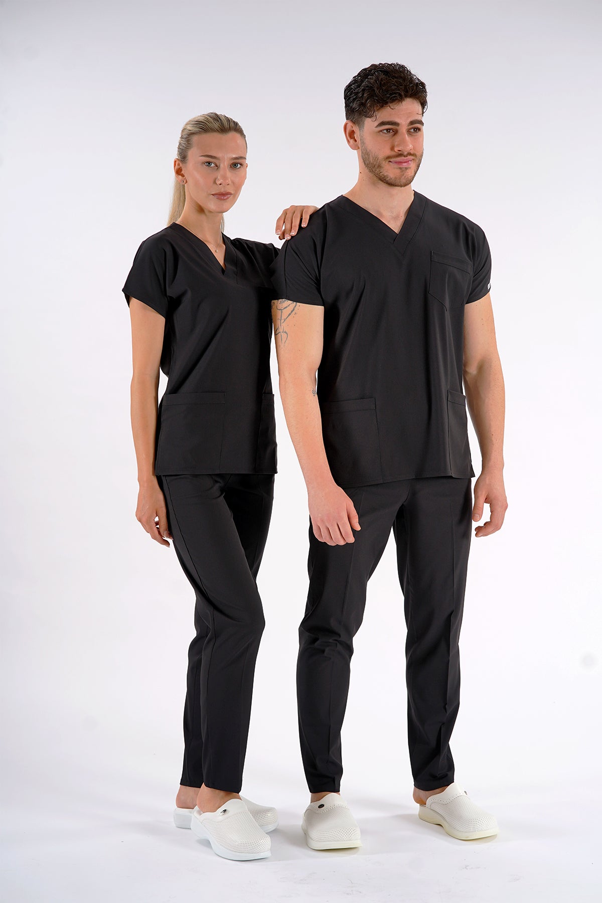 Siyah Dr. Greys Modeli Likralı Hemşire Forması Unisex Yarasa Kol Doktor Scrubs Hastane Takımı