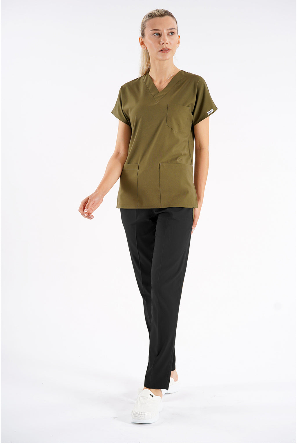 Haki Dr.Greys Modeli Likralı Hemşire Doktor Forması Scrubs Tek Üst Unisex Yarasa Kol