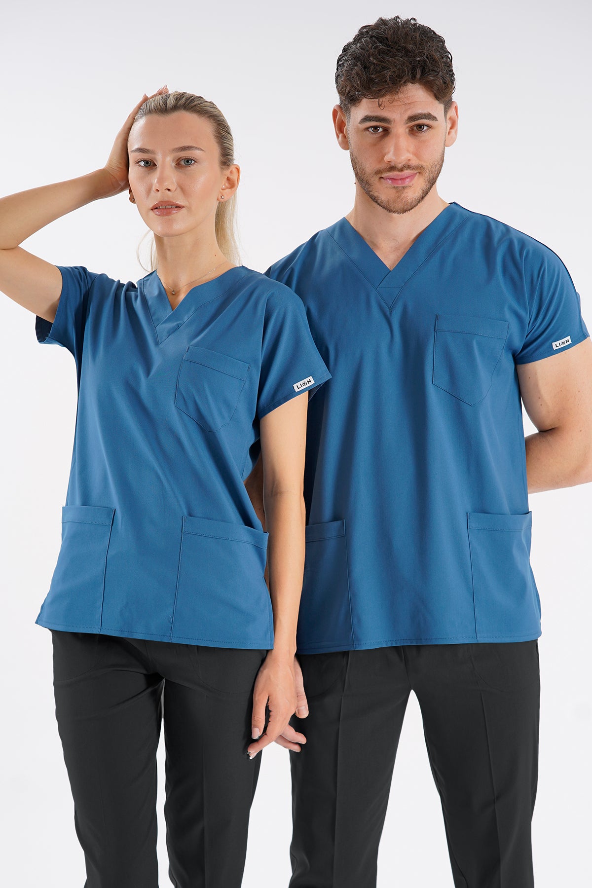 Fırtına Mavi Dr. Greys Modeli Likralı Hemşire Doktor Forması Scrubs Tek Üst Unisex Yarasa Kol