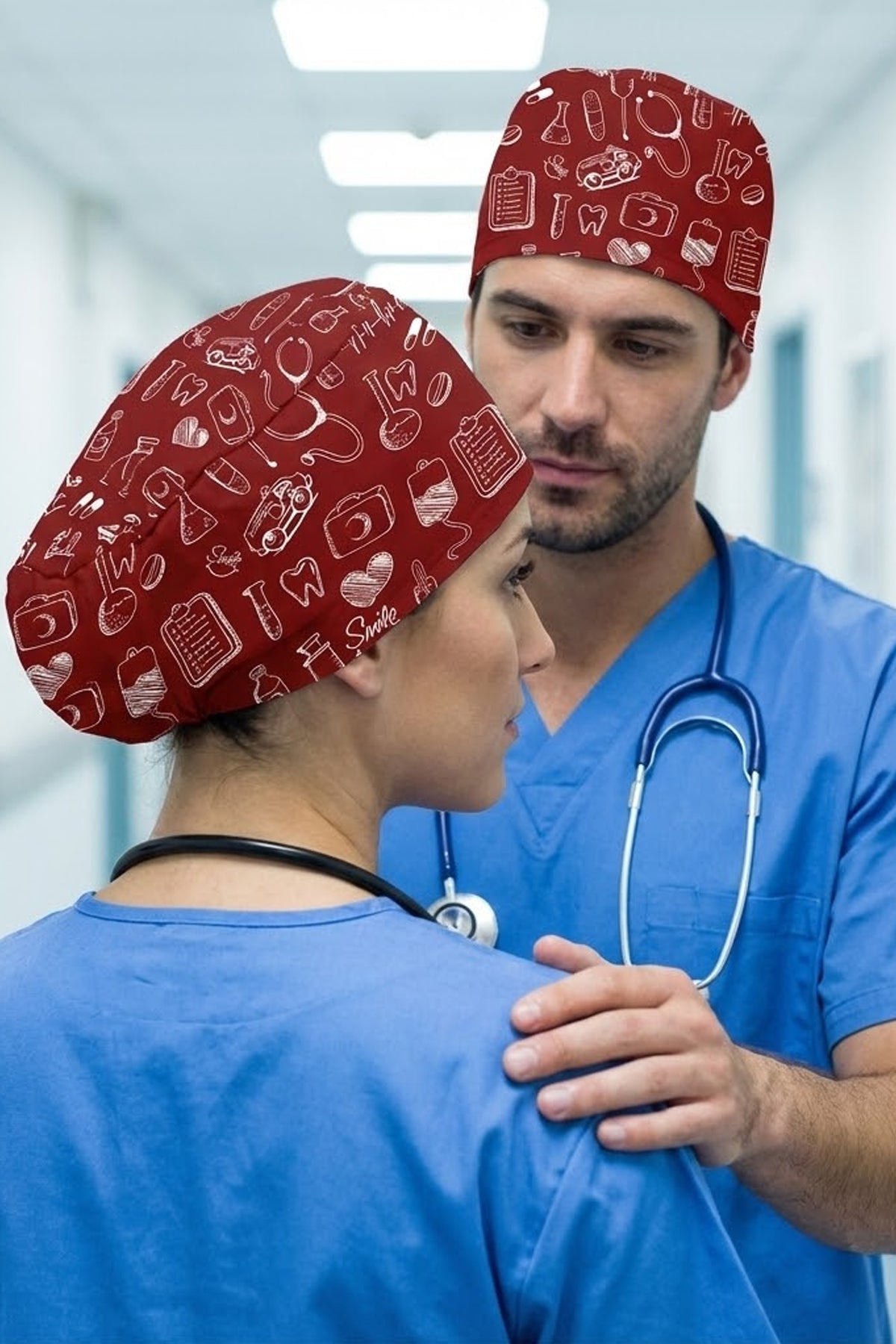 Medikal Sembol Bordo Desenli Unisex Cerrahi Bone Hemşire ve Doktor Bone - Medikal Sembol Bordo
