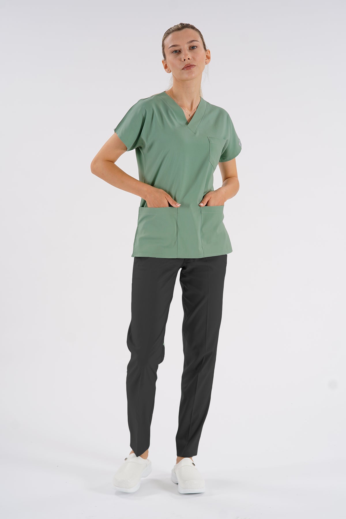 Mint Yeşili Dr.Greys Modeli Soft Likralı Hemşire Doktor Forması Scrubs Tek Üst Unisex Yarasa Kol
