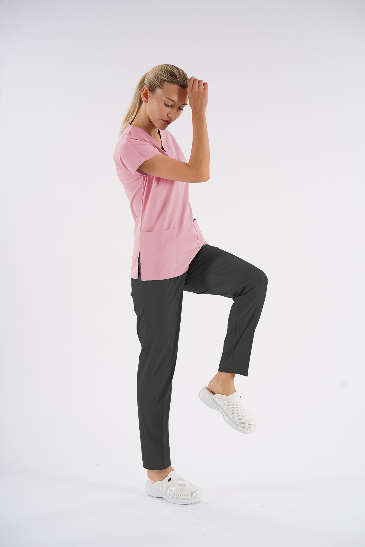 Toz Pembe Dr.Greys Modeli Soft Likralı Hemşire Doktor Forması Scrubs Tek Üst Unisex Yarasa Kol