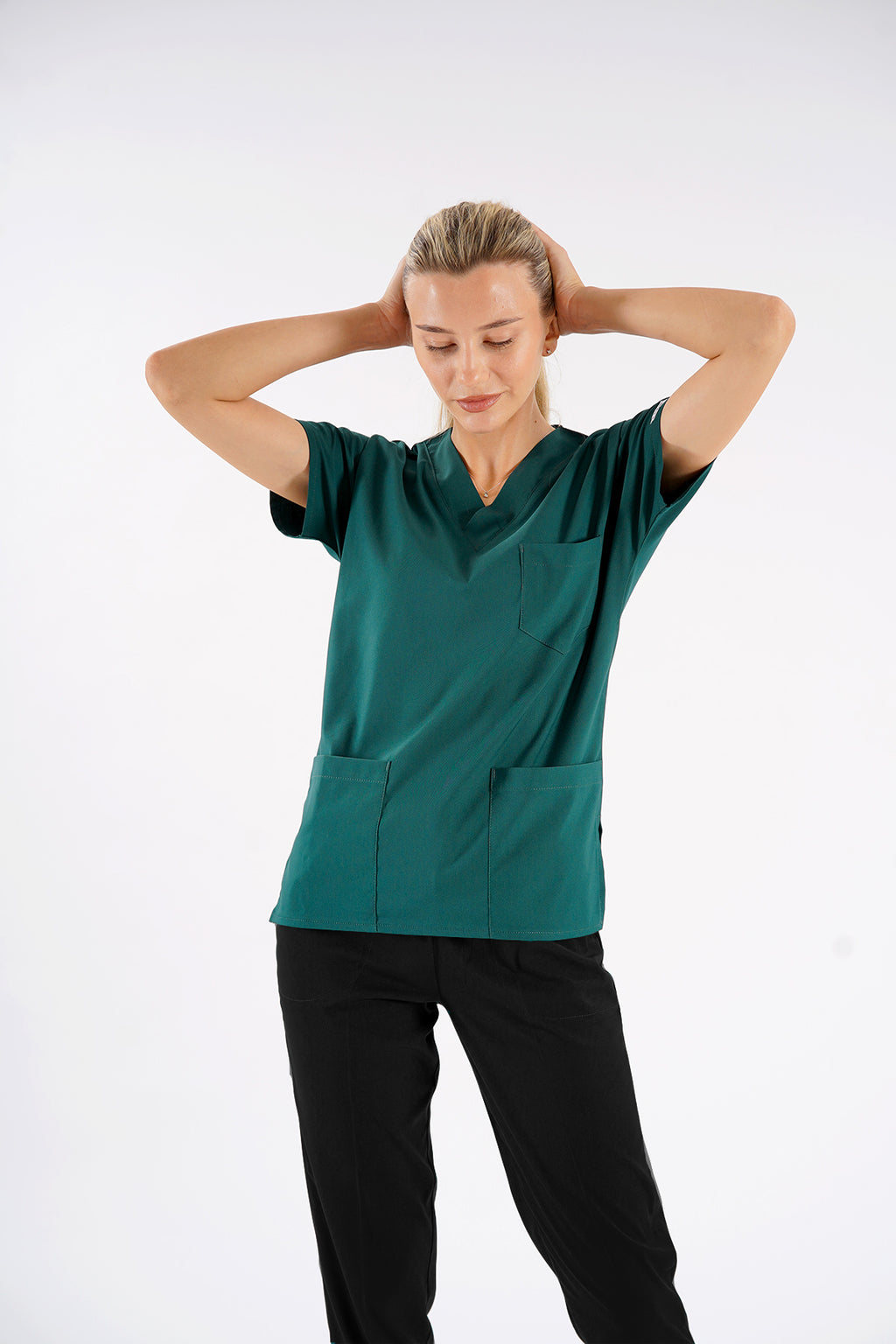 Avcı Yeşili Dr.Greys Modeli Likralı Hemşire Doktor Forması Scrubs Tek Üst Unisex Yarasa Kol