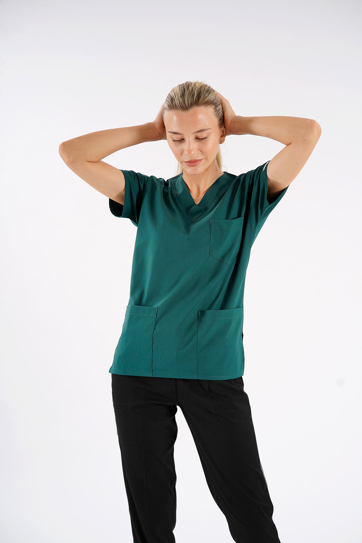 Avcı Yeşili Dr.Greys Modeli Likralı Hemşire Doktor Forması Scrubs Tek Üst Unisex Yarasa Kol