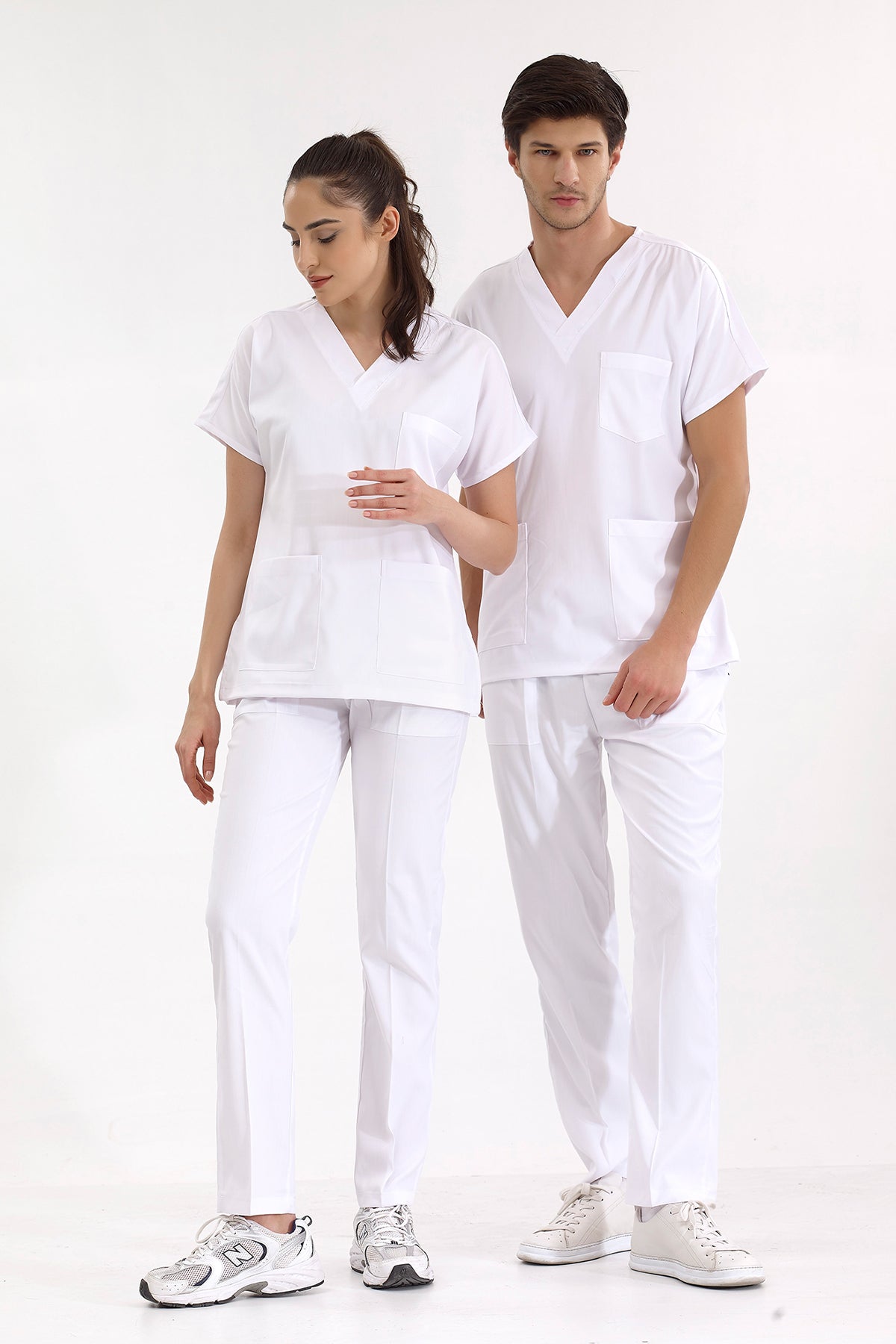 Beyaz Lüks Likralı Greys Alt Üst Takım Doktor Hemşire Scrubs Üniforma