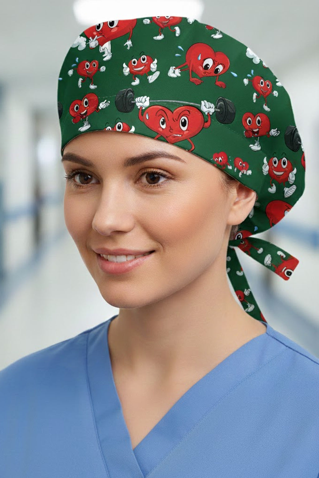 Kardiyo Yeşil Desenli Cerrahi Bone Unisex – Likralı Doktor Hemşire Bonesi - Kardiyo Yeşil