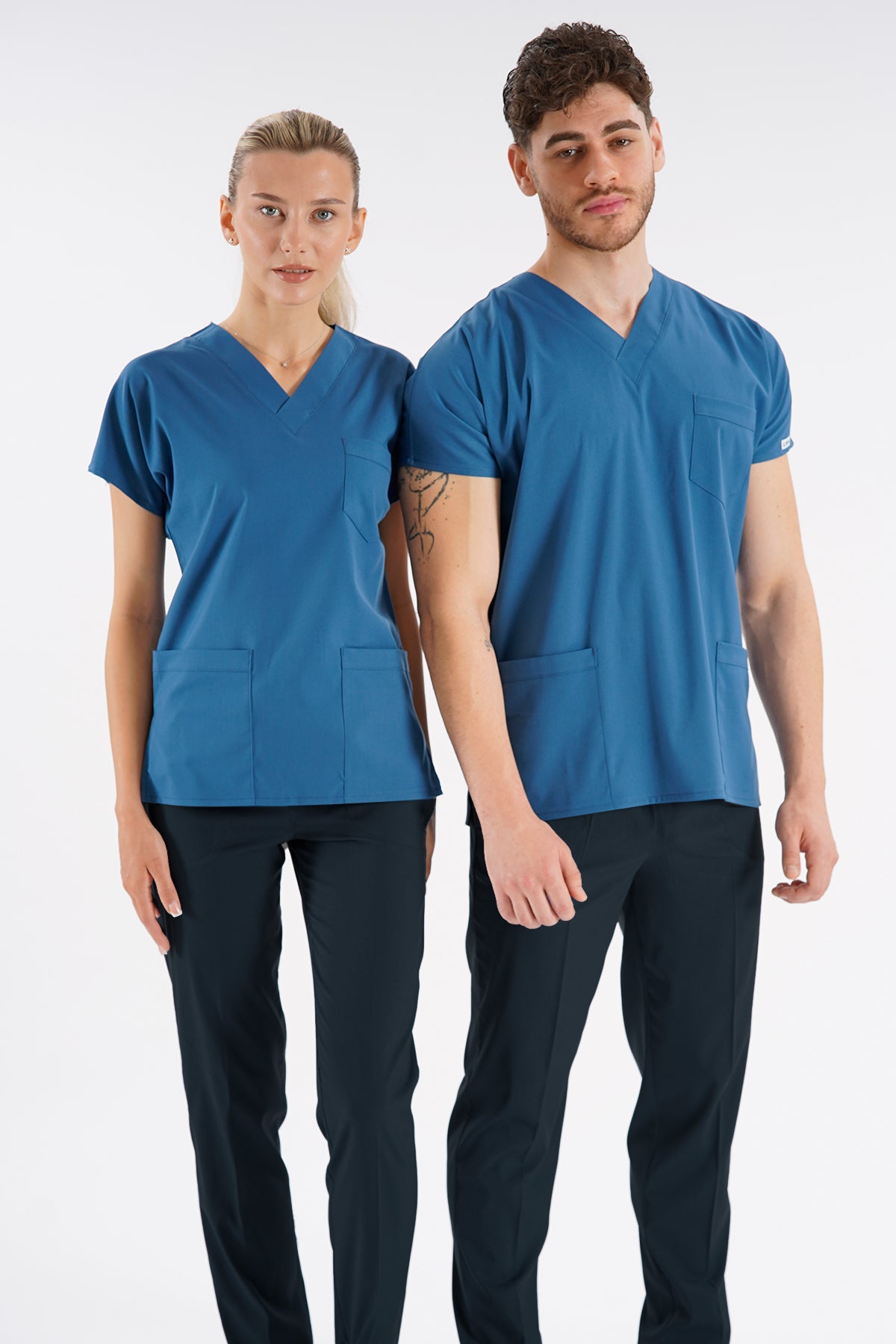 Fırtına Mavi Dr. Greys Modeli Likralı Hemşire Doktor Forması Scrubs Tek Üst Unisex Yarasa Kol