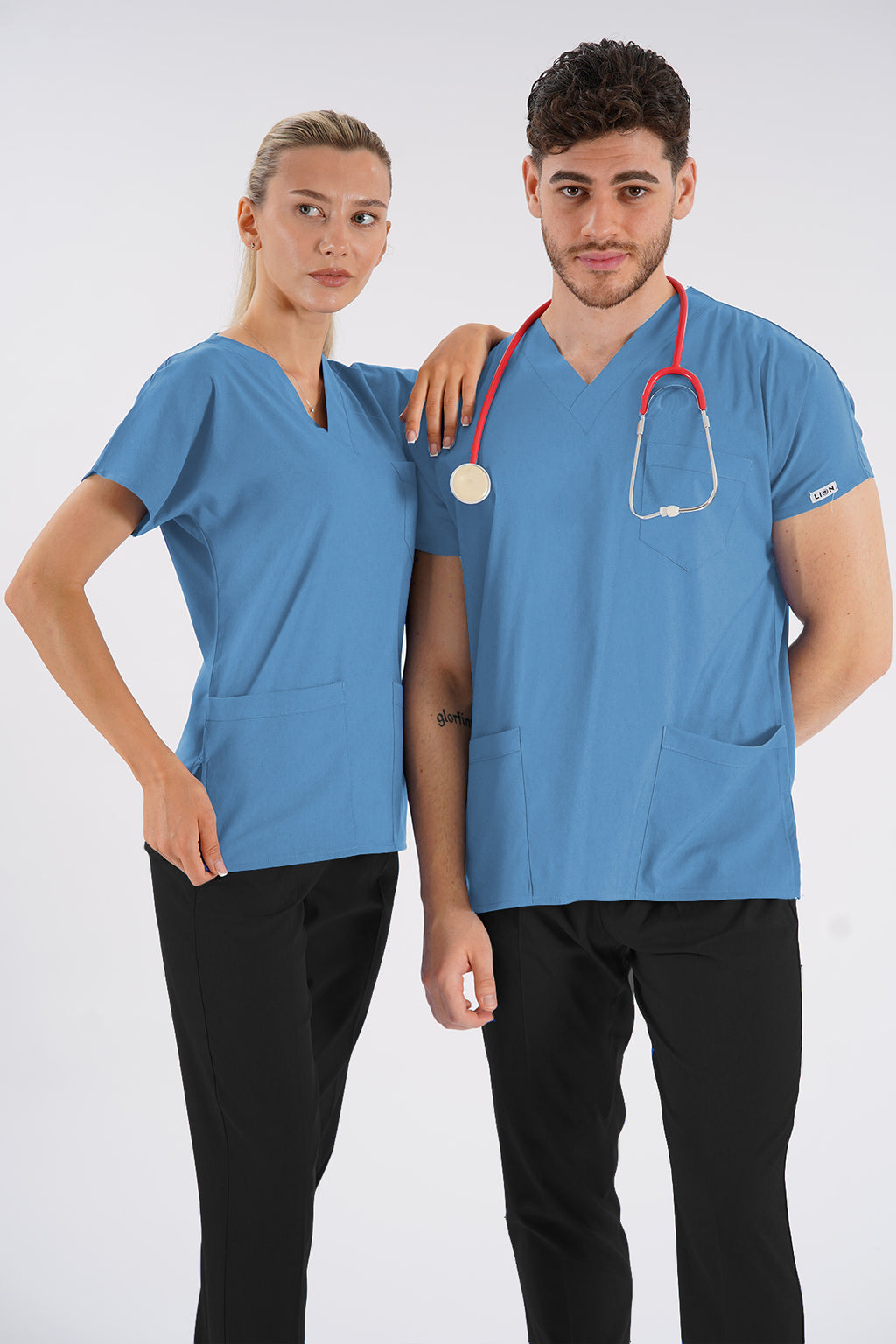 Bebe Mavisi Dr.Greys Modeli Soft Likralı Hemşire Doktor Forması Scrubs Tek Üst Unisex Yarasa Kol