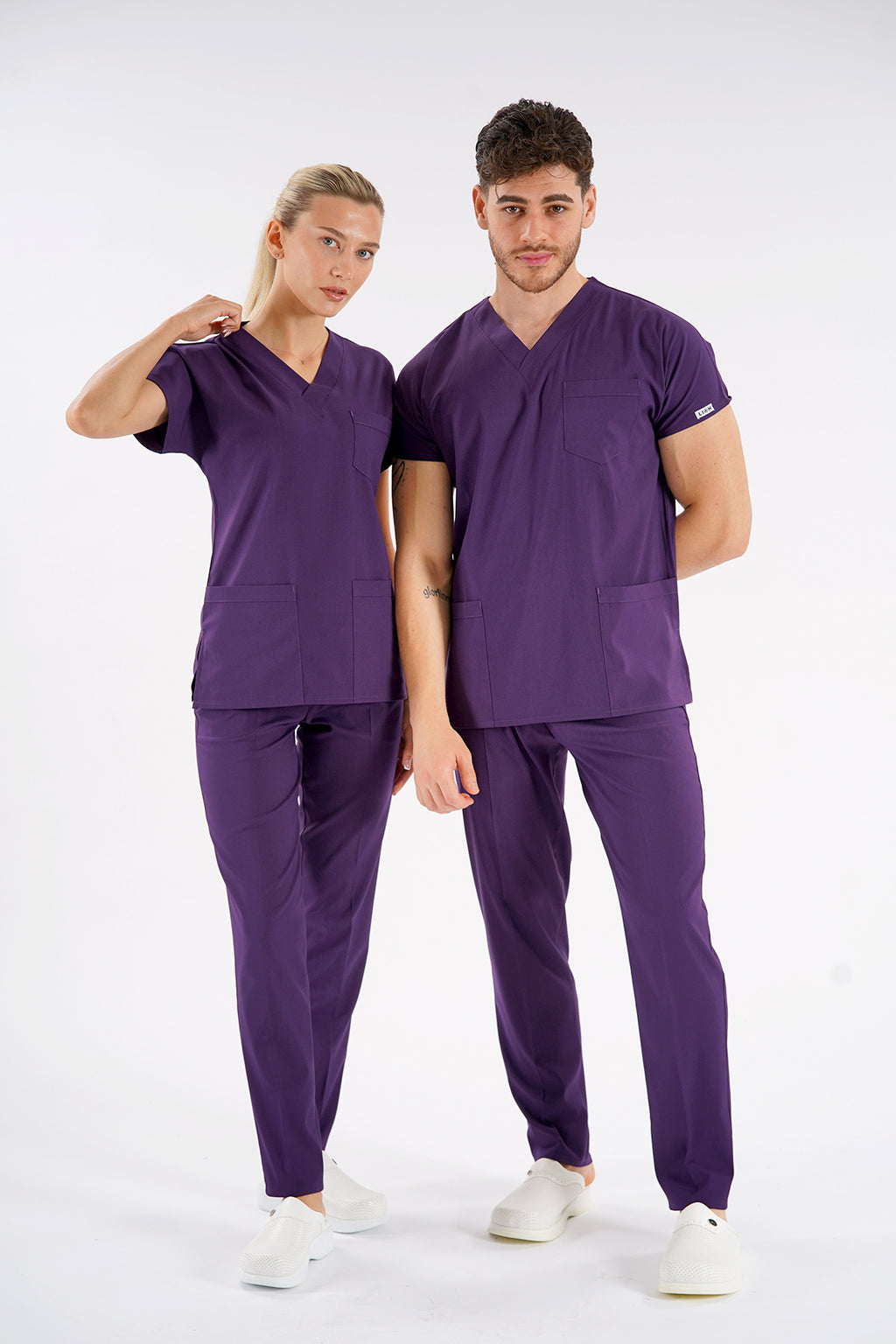 Mor Dr. Greys Modeli Likralı Hemşire Forması Unisex Yarasa Kol Doktor Scrubs Hastane Takımı