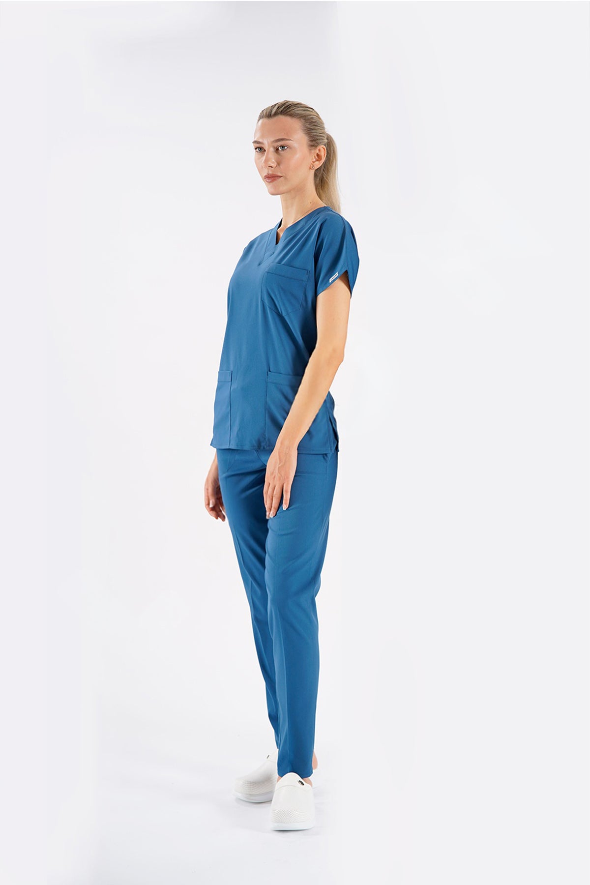 Fırtına Mavi Dr. Greys Modeli Likralı Hemşire Forması Unisex Yarasa Kol Doktor Scrubs Hastane Takımı
