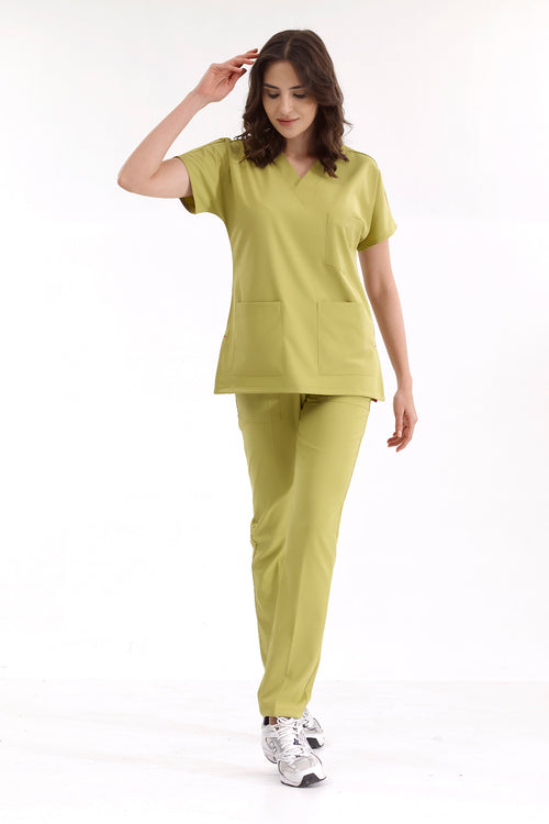 Antep Fıstığı Lüks Likralı Greys Alt Üst Takım Doktor Hemşire Scrubs Üniforma