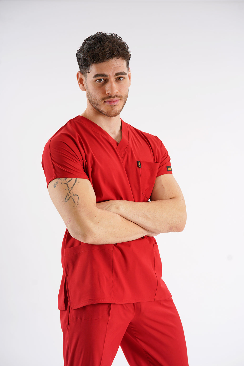 Kırmızı Dr. Greys Modeli Likralı Hemşire Forması Unisex Yarasa Kol Doktor Scrubs Hastane Takımı