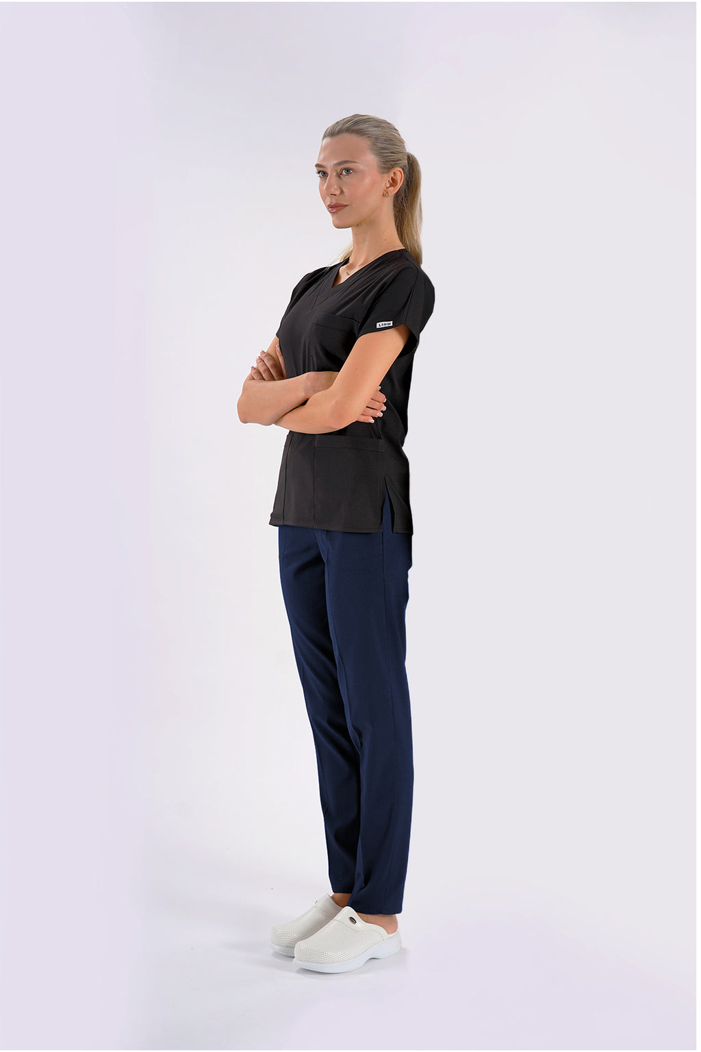 Siyah Dr.Greys Modeli Likralı Hemşire Doktor Forması Scrubs Tek Üst Unisex Yarasa Kol