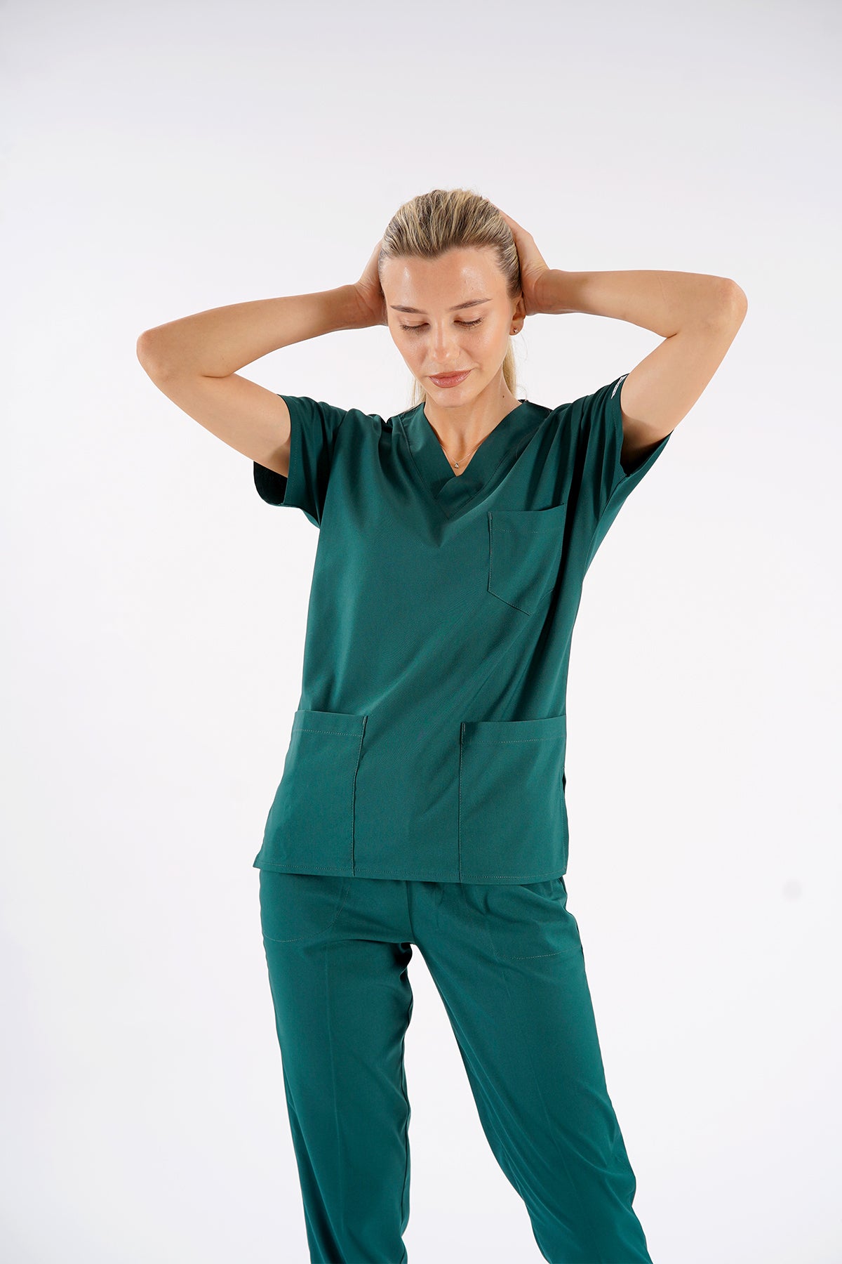 Avcı Yeşili Dr. Greys Modeli Likralı Hemşire Forması Unisex Yarasa Kol Doktor Scrubs Hastane Takımı