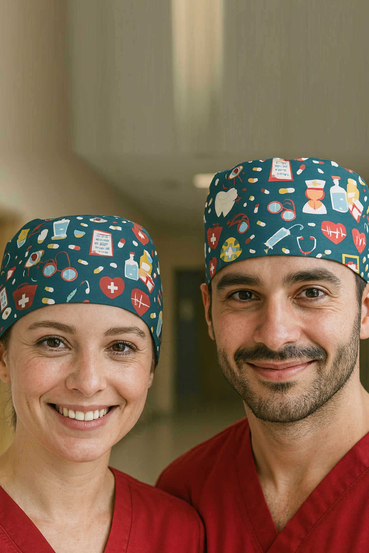 Medikal İkonlar Desenli Cerrahi Bone Unisex – Likralı Doktor Hemşire Bonesi - Medikal İkonlar