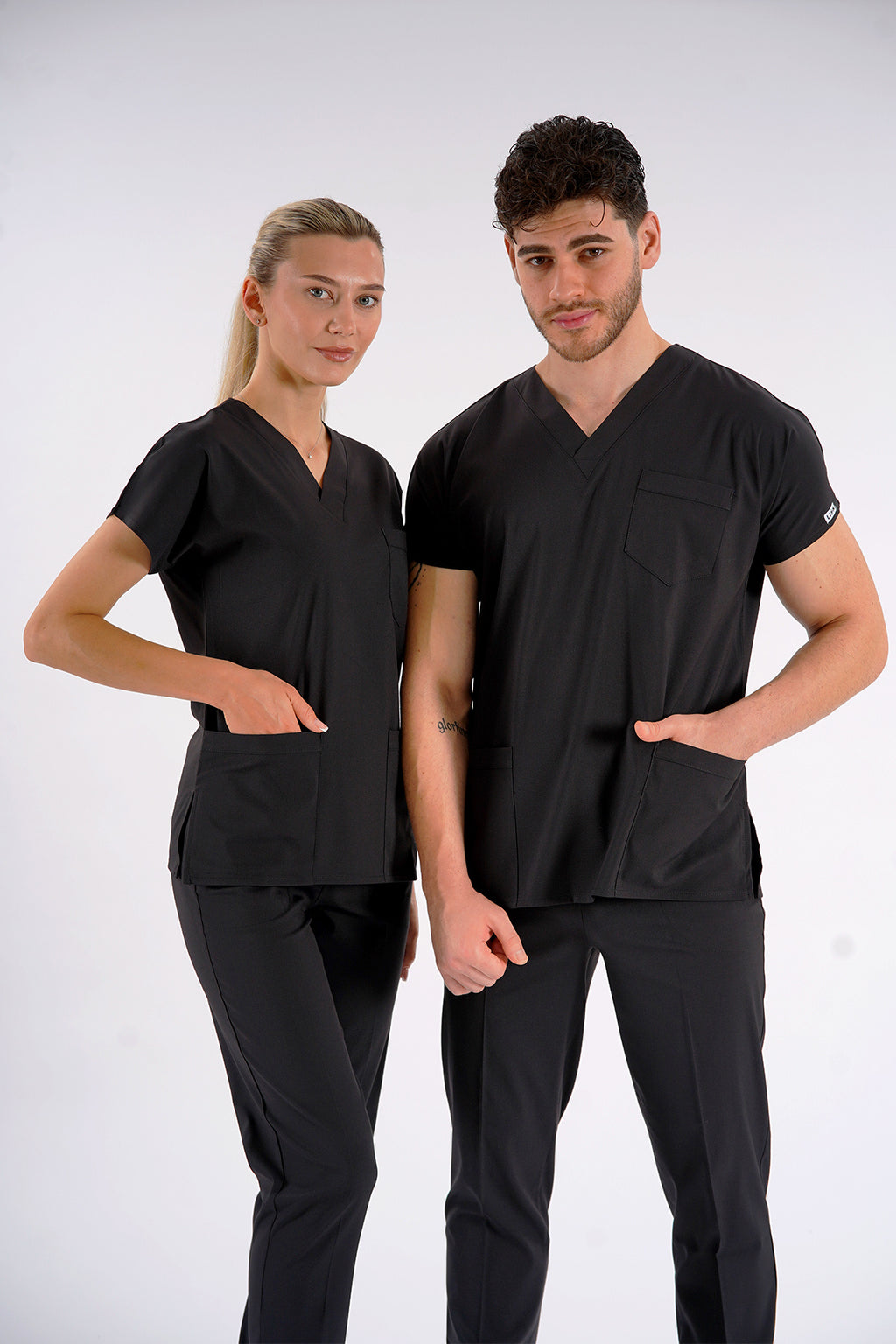 Siyah Dr. Greys Modeli Likralı Hemşire Forması Unisex Yarasa Kol Doktor Scrubs Hastane Takımı