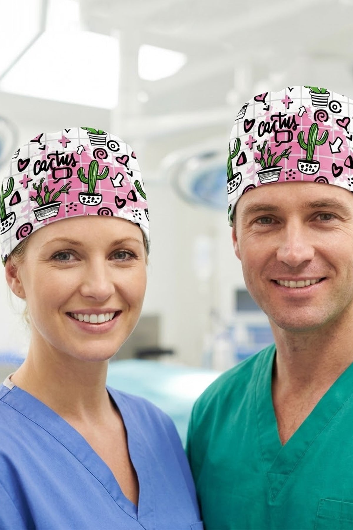 Kaktüs Çizgili Desenli Unisex Cerrahi Bone Hemşire ve Doktor Bone - Kaktüs Çizgili