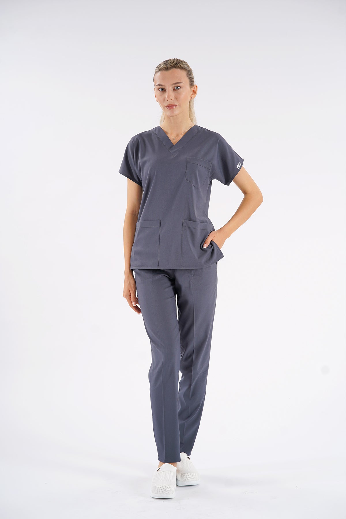 Füme Dr. Greys Modeli Likralı Hemşire Forması Unisex Yarasa Kol Doktor Scrubs Hastane Takımı