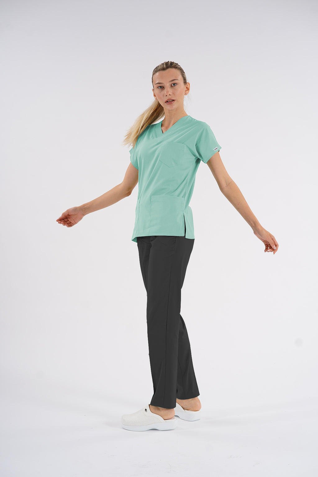 Buz Yeşili Dr.Greys Modeli Soft Likralı Hemşire Doktor Forması Scrubs Tek Üst Unisex Yarasa Kol