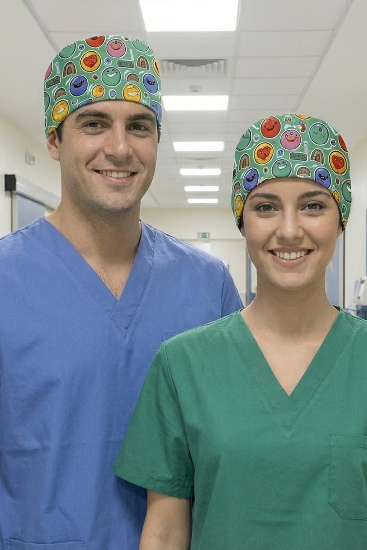 Renkli Gülücükler Desenli Cerrahi Bone Unisex – Likralı Doktor Hemşire Bonesi - Renkli Gülücükler