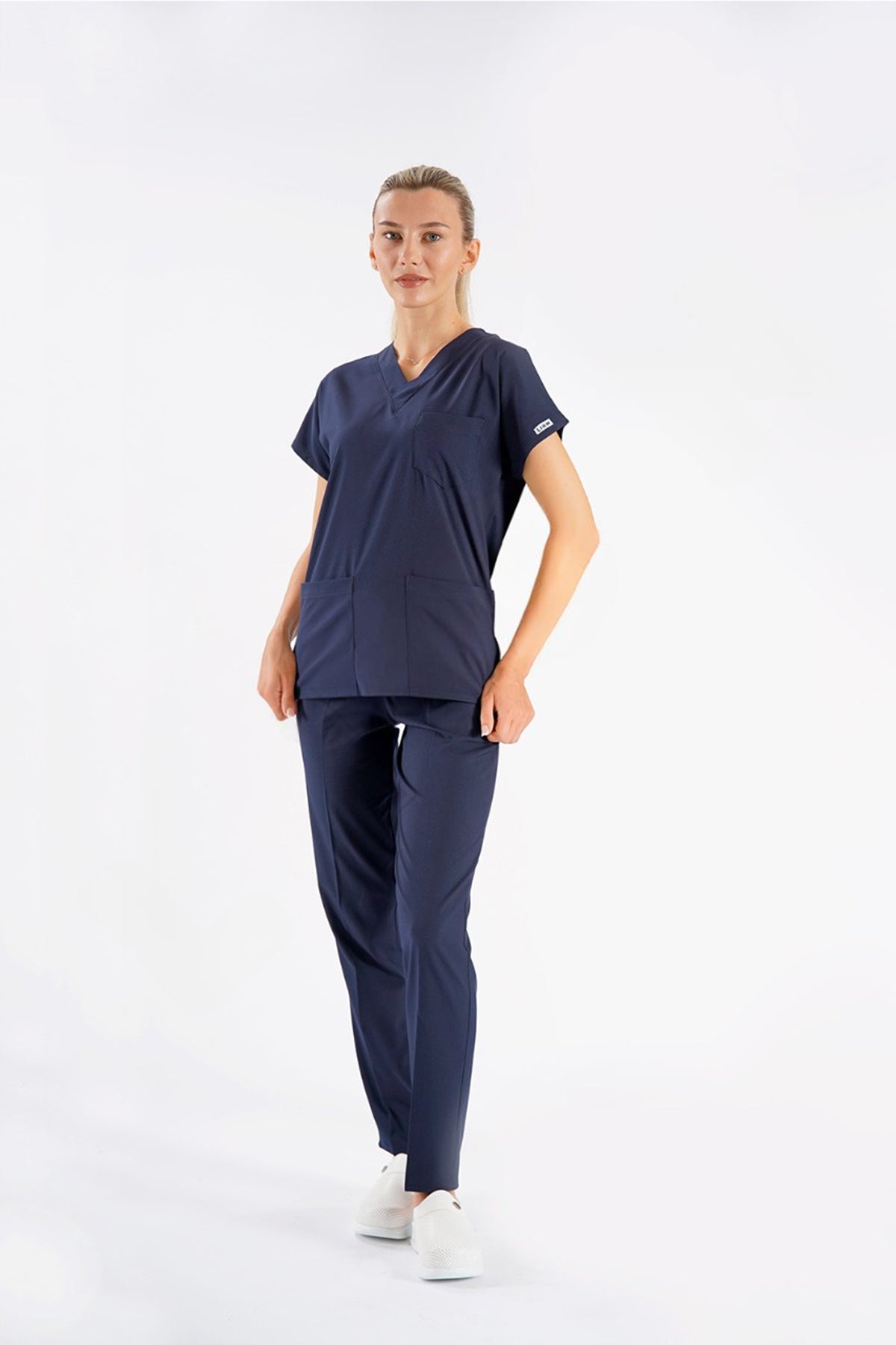 Lacivert Dr. Greys Modeli Likralı Hemşire Forması Unisex Yarasa Kol Doktor Scrubs Hastane Takımı