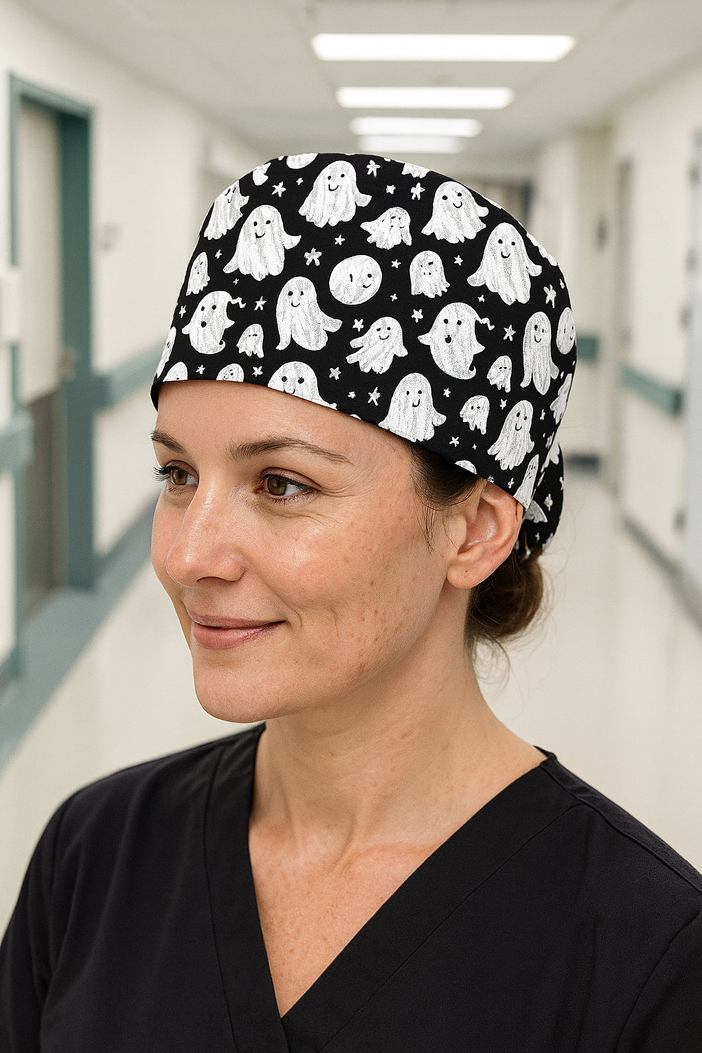 Hayalet Bobo Desenli Cerrahi Bone Unisex – Likralı Doktor Hemşire Bonesi - Hayalet Bobo