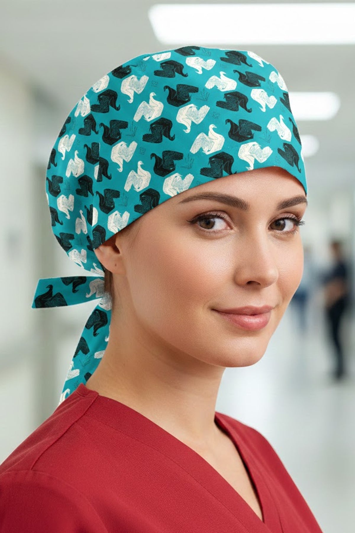 Kuğu Desenli Cerrahi Bone Unisex – Likralı Doktor Hemşire Bonesi - Kuğu