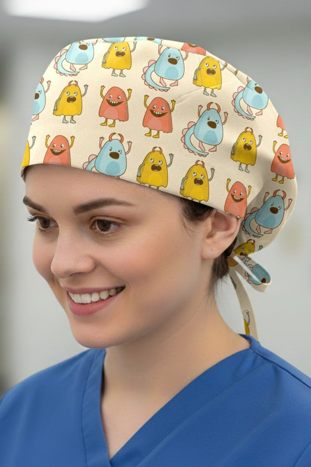 Tatlı Monster Desenli Cerrahi Bone Unisex – Likralı Doktor Hemşire Bonesi - Tatlı Monster