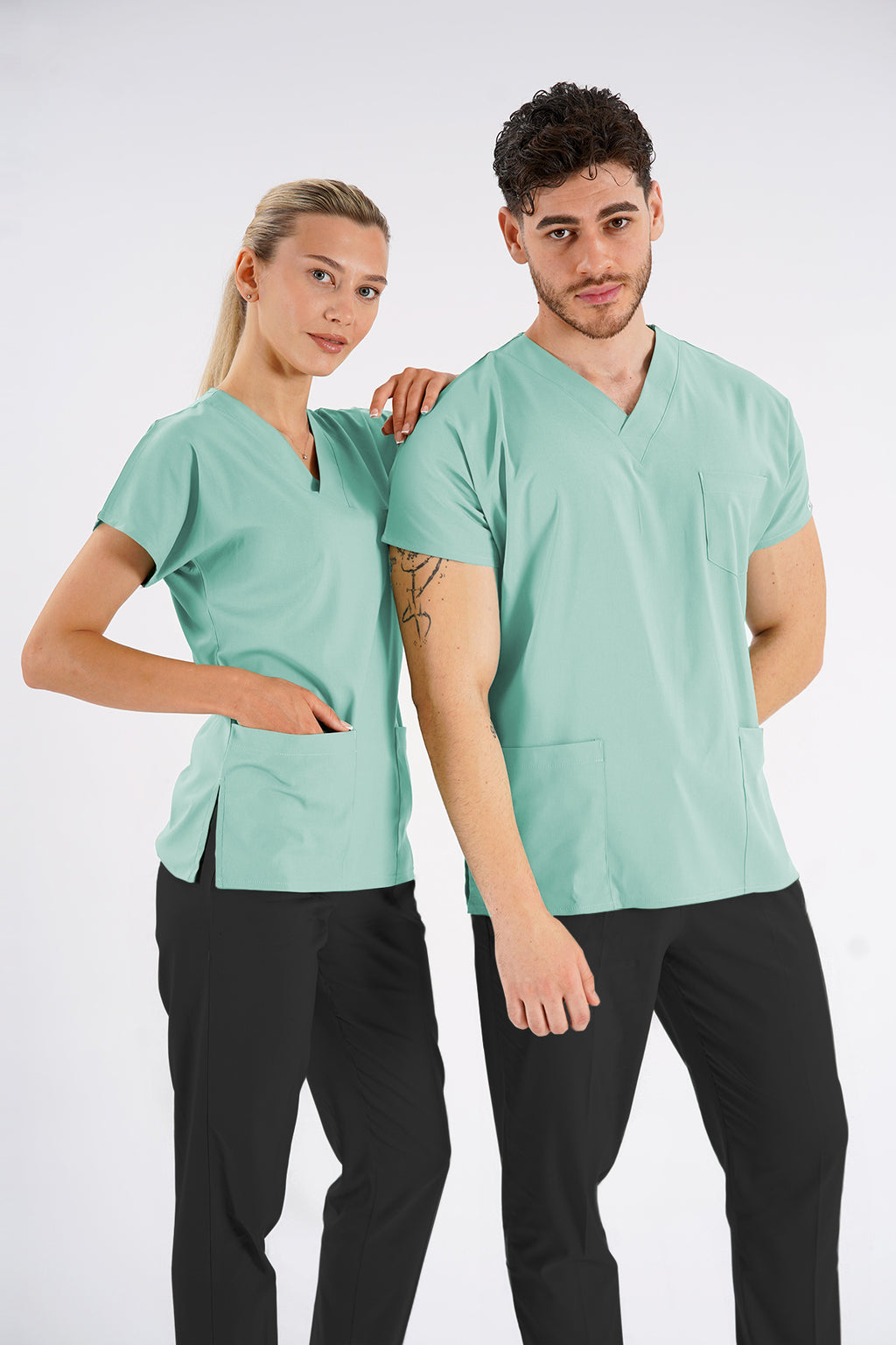 Buz Yeşili Dr.Greys Modeli Soft Likralı Hemşire Doktor Forması Scrubs Tek Üst Unisex Yarasa Kol