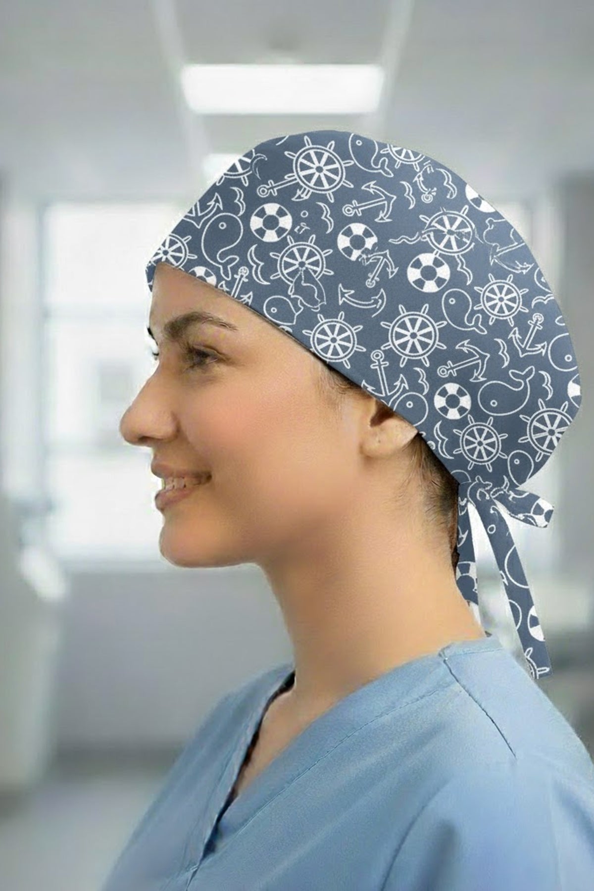 Çapa Mavi Desenli Cerrahi Bone Unisex – Likralı Doktor Hemşire Hastane Bonesi Kadın Erkek - Çapa Mavi