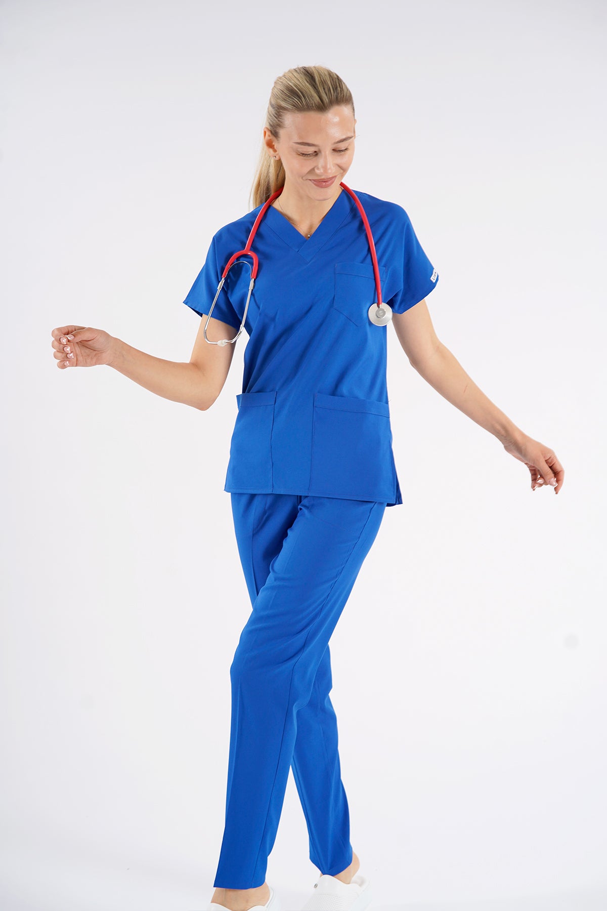 Saks Mavisi Dr. Greys Modeli Likralı Hemşire Forması Unisex Yarasa Kol Doktor Scrubs Hastane Takımı