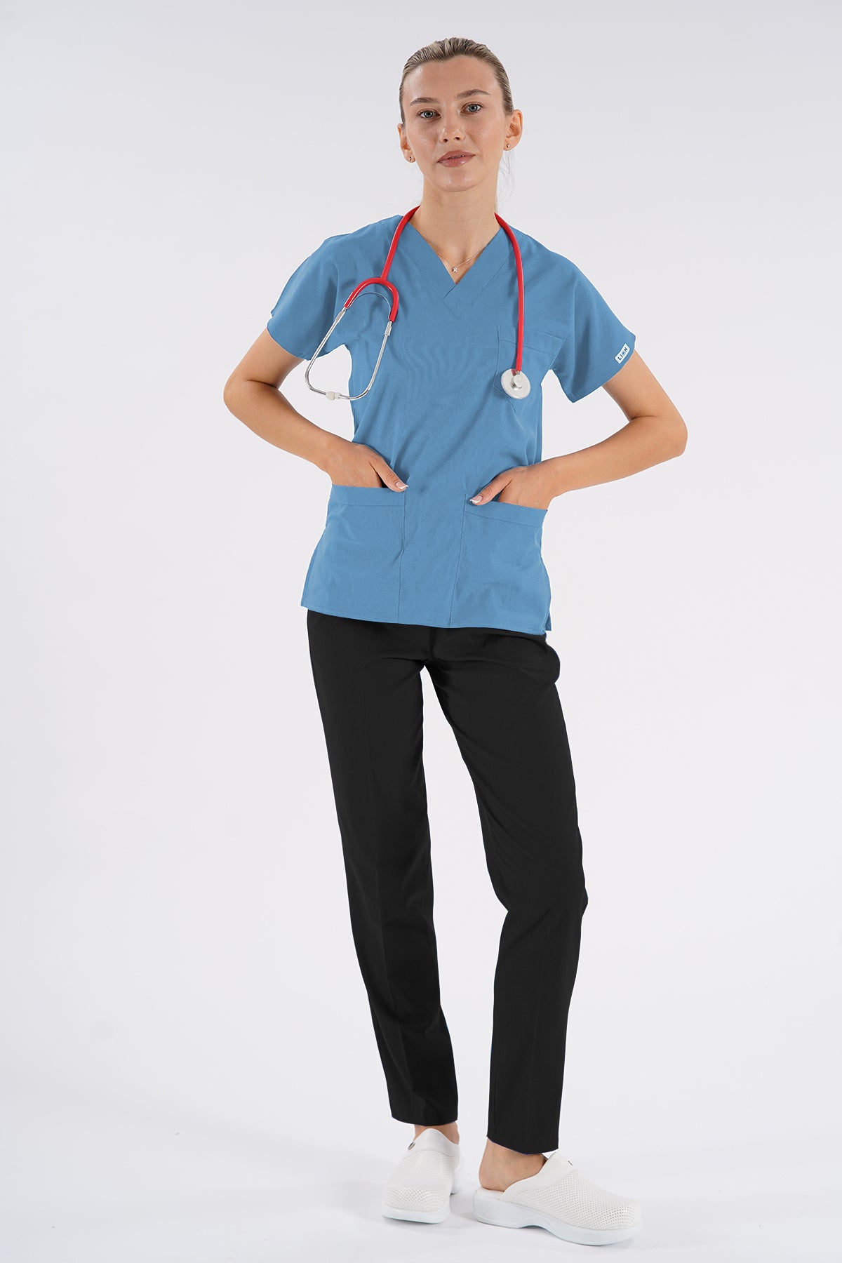 Bebe Mavisi Dr.Greys Modeli Soft Likralı Hemşire Doktor Forması Scrubs Tek Üst Unisex Yarasa Kol