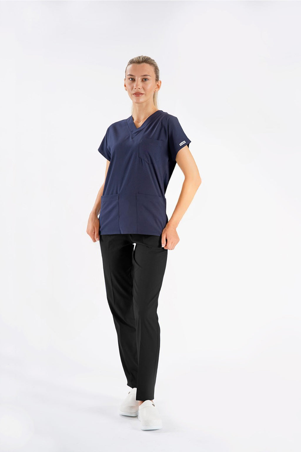 Lacivert Dr. Greys Modeli Likralı Hemşire Doktor Forması Scrubs Tek Üst Unisex Yarasa Kol