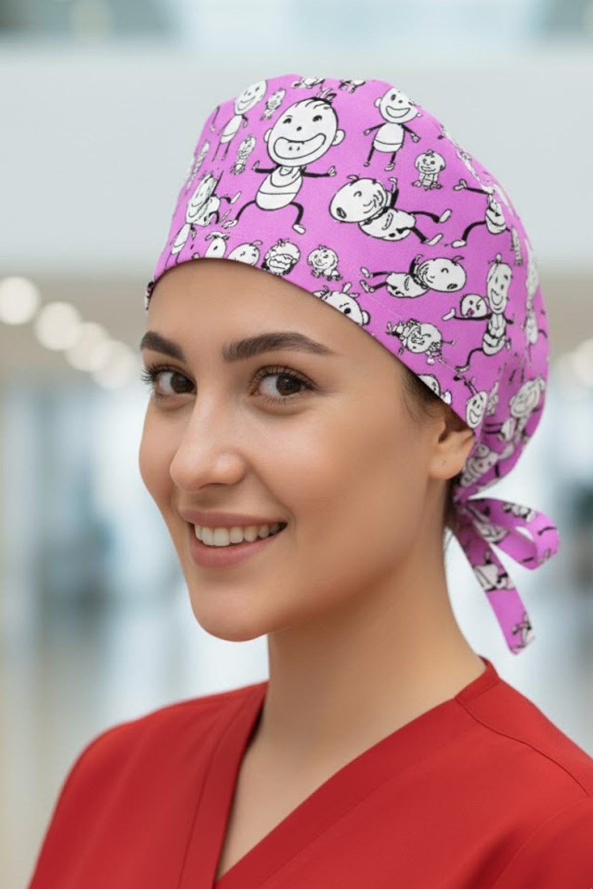 Bebek Pembe Desenli Cerrahi Bone Unisex – Likralı Doktor Hemşire Hastane Bonesi Kadın Erkek - Bebek Pembe